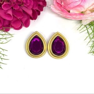 VINTAGE⚜️RETRO Magenta Crystal Teardrop Brushed Golden Clip Earrings